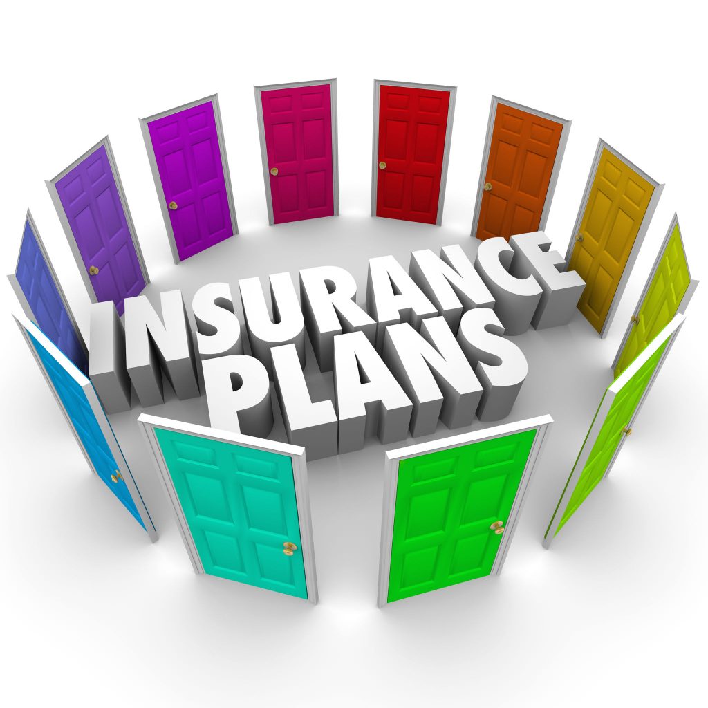 insurance plans words in the middle of many colored doors illustrating the several confusing options for you to compare and decide which policy and coverage is best for you