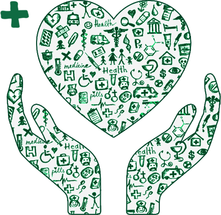 Health insurance illustration showing a heart surrounded by hands