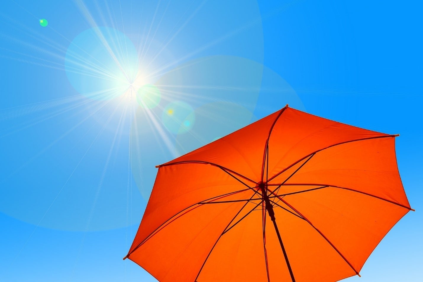 Orange umbrella against blue sky