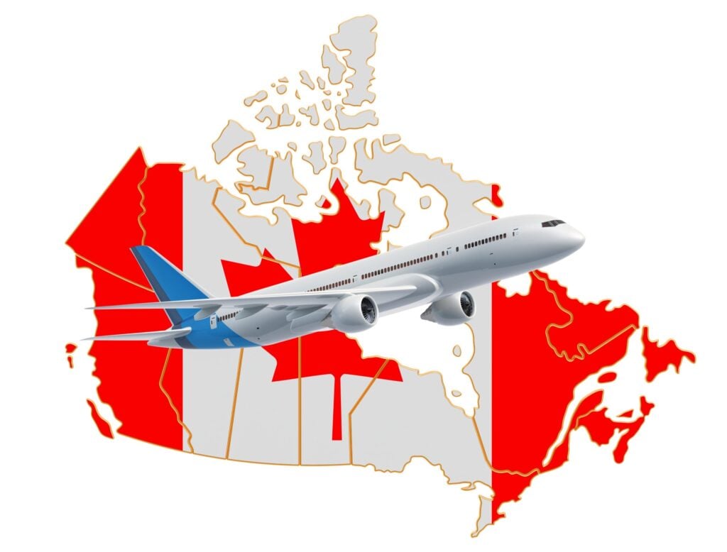 Airplane superimposed on top of a map of Canada, inset with the Canadian flag
