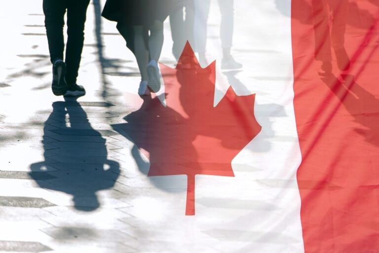 Canadian flag superimposed on people walking with shadows
