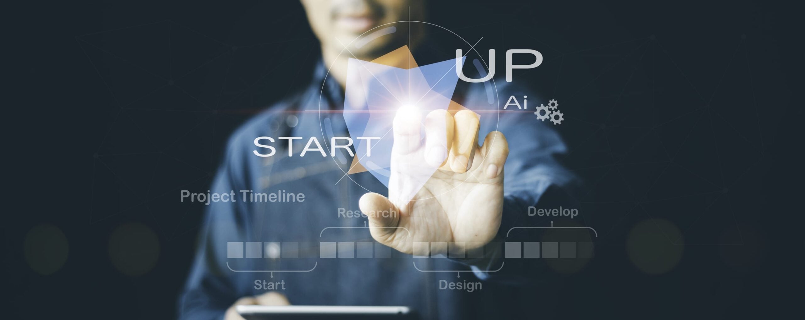 Special Benefits Insurance Services | Investing In AI? Better Invest In The Health Of Your Team Too Man pointing at a screen that says "Start … Up … AI"