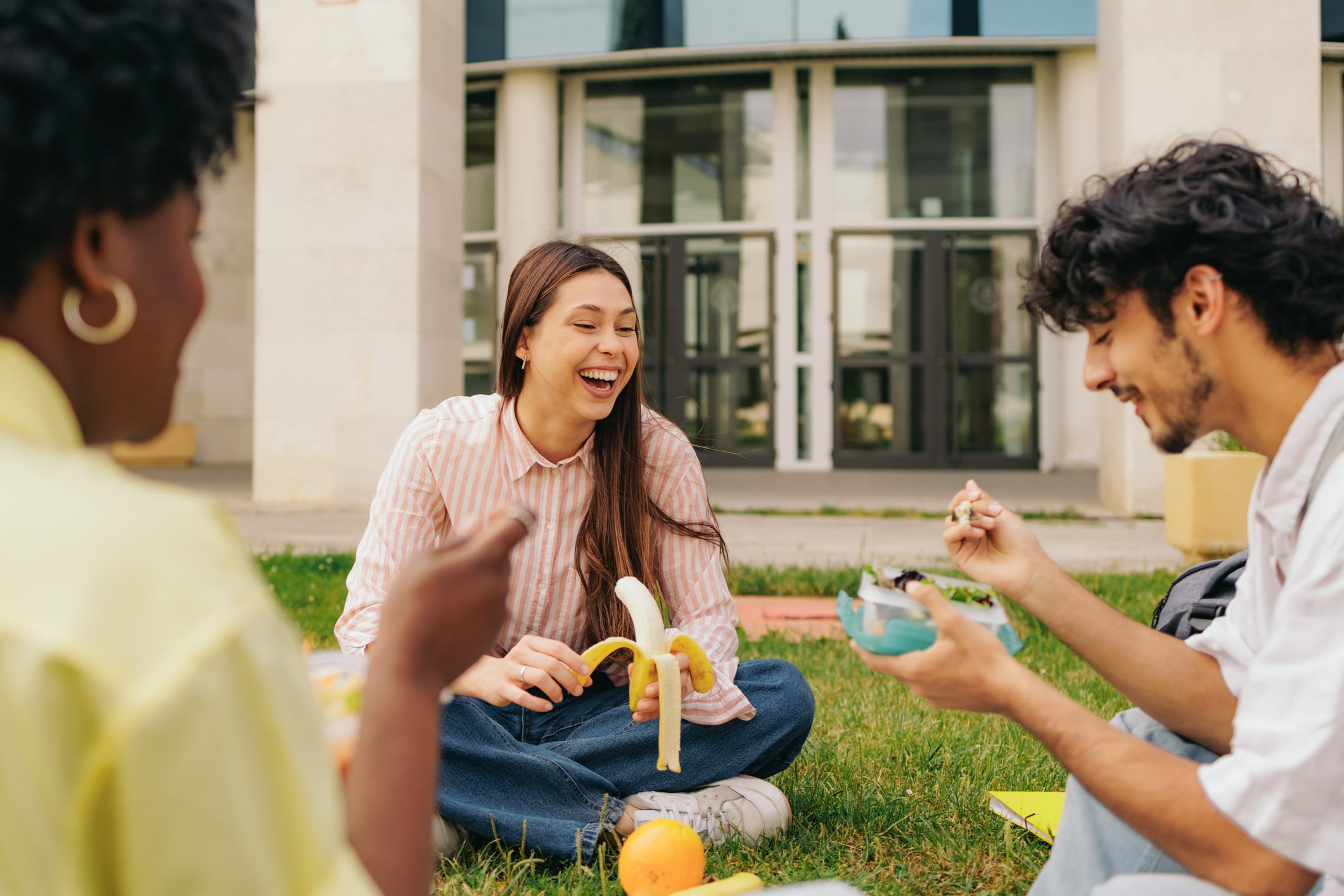 Group of students laughing, sitting on a lawn having a picnic