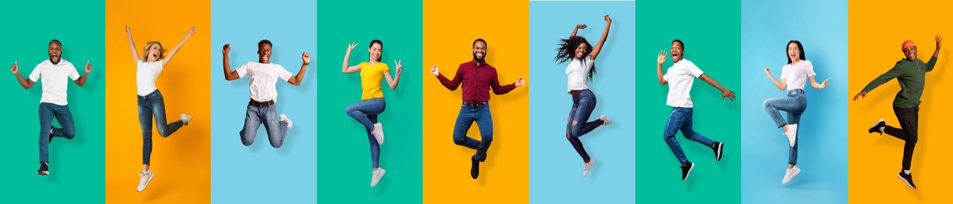 Special Benefits Insurance Services | How Health Insurance Protects Your Health And Your Budget A collage of diverse, happy people jumping in the air with celebratory expressions against vibrant green, blue, and orange backgrounds