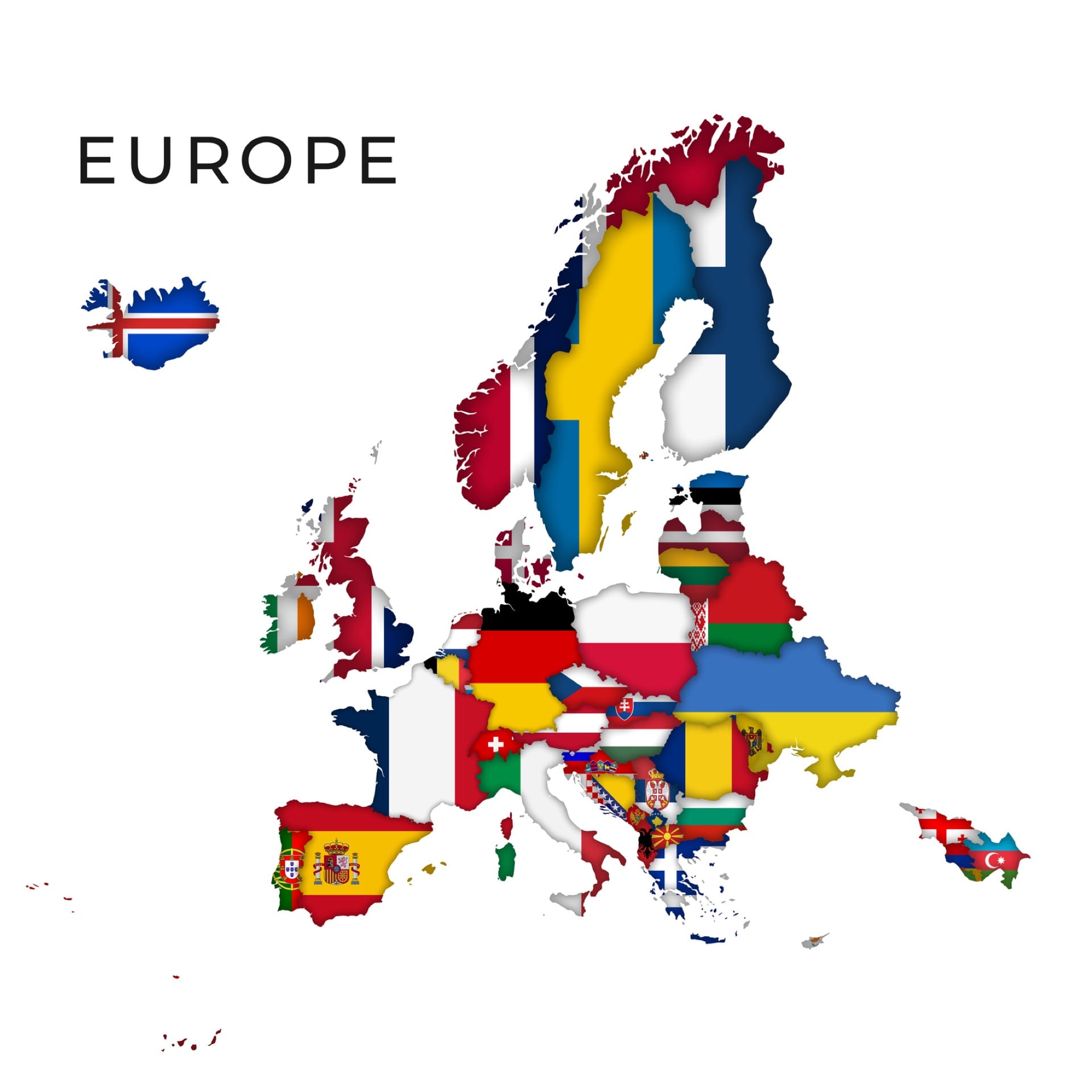 Special Benefits Insurance Services | EES vs ETIAS: Travelling To Europe? What You Need To Know A map of Europe where each country is filled with the design of its national flag, with the word 'EUROPE' in the top left corner.