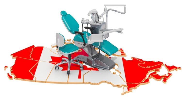 3D rendering of a dental chair and equipment placed on a map of Canada, symbolizing Canadian dental care or coverage.