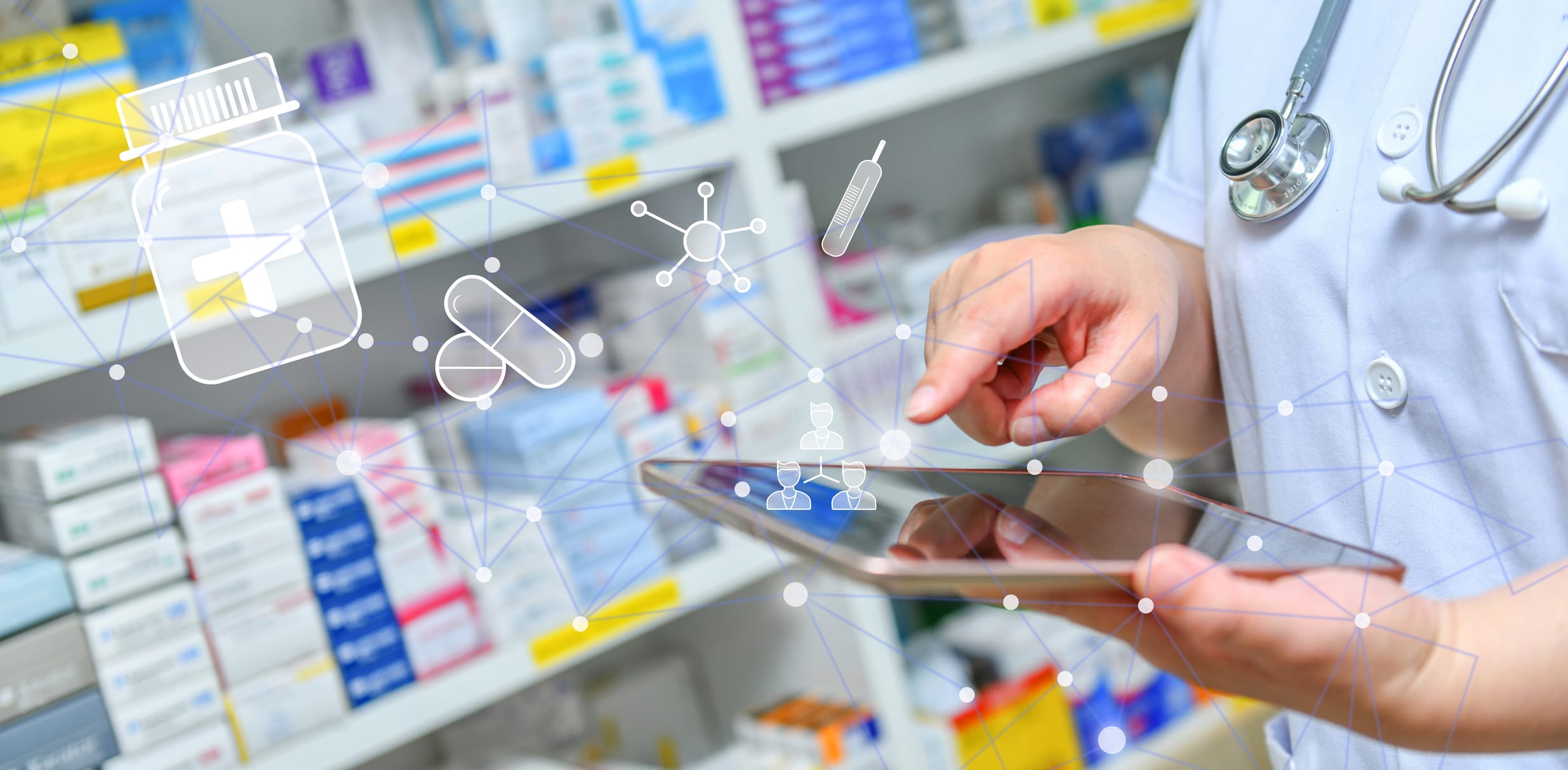 Special Benefits Insurance Services | PRISM Health Plan’s Personal Support Helps You With Mental Health And Pharmacy Pharmacist or doctor in a white coat using a digital tablet in a pharmacy aisle, overlaid with icons representing health data, prescriptions, and networking.
